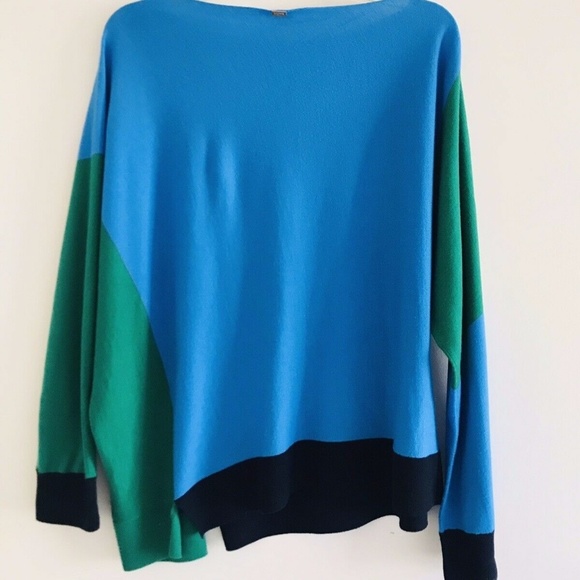 St John | Colorblock Wool Top Womens Lg Blue Long Sleeve Pullover Asymmetrical - Picture 4 of 12